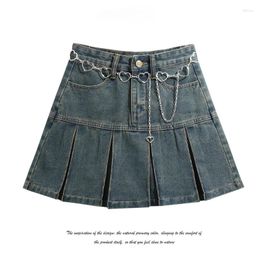 Skirts Vintage Denim Mini 2024 Summer High Waist Slim Y2K Gothic A-Line Pleated Skirt For Women Fashion Ladies Streetwear