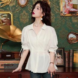 Women's Blouses Chiffon Shirt Summer Vintage Solid Colours Loose White Women Tops Short Sleeves Fashion Clothing YCMYUNYAN