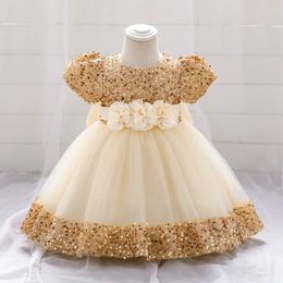 Big Bow Gold Sequins Party Baby Girls Dress Toddler Tutu Lace 1st Birthday Princess Dresses For Girl Wedding Prom Christmas Gown 240522