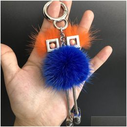 Keychains Lanyards Genuine Real Fur Chick Monster Robot Doll Toy Charm Pompom Ball Bag Key Chain Keyring Car Phone Accessories Drop De Otgfe