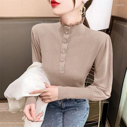 Women's T Shirts 2024 Winter Lantern Show Thin Lace Half Sleeve Turtleneck Render Unlined Upper Garment Sweater Long-sleeved T-shi Fujh