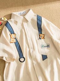 Men's Casual Shirts Trendy Lsnz Bear Short Sleeve Mori Cute Couple Embroider