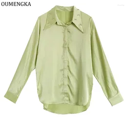 Women's Blouses Fashion Rayon Satin Silk Shirt Vintage Blouse Rhinestone Collar Women Green Office Lady Long Sleeves Female Loose Hight