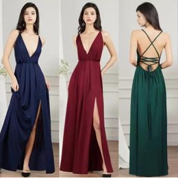 2022 Silk Taffeta V Neck Damaid Vestidos de dama de honra Sexy Backless Split Mulheres festas Vestidos praia de verão Bohemian Damas de honra