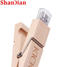 Wood Clip Flash Drive 64GB Natural Maple Pen Drive 32GB Free Logo Memory Stick 16GB Personal Gifts U Disk 8GB 4GB USB 2.0