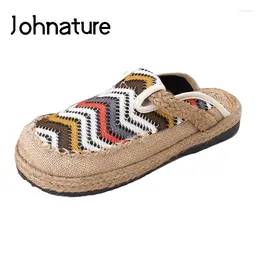 Slippers Johnature 2024 Autumn Women Shoes Outside Flat With Sewing Geometric Handmade Slides Cotton And Linen Sandals