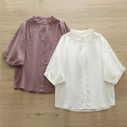 Women's Blouses Summer Women White Shirts Cotton Yarn Three-Quarter Sleeve Lady Tops Stand Collar Loose Female Clothes