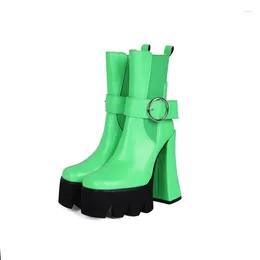 Boots Catwalk Chunky Bottom Platform Thick Super High Heel Elastic Belt Metal Circle Buckle Mid Calf Women's Solid Colourful