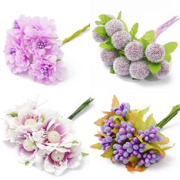 6/10/12/50/60/70/90pcs Purple Mixed Hybrid Flower Cherry Stamen Berries Bundle DIY Cake Christmas Wedding Gift Box Wreaths Decor