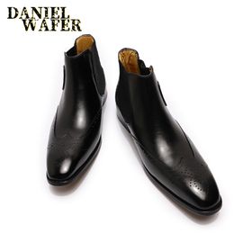 Luxury Chelsea Boots Genuine Leather Men's Ankle Boots High Grade Slip On Buckle Strap Wingtip Brown Black Shoes Basic Boots Men