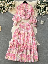 Work Dresses Women Floral Chiffon Two Piece Set Vintage Stand Collar Single Breasted Ruffle Blouse A-Line Midi Skirt Suit Beach