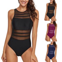 Women's Swimwear Women Mesh 1 Piece Push Up Padded Bikini Swimsuit Training Athletic Sport Shirred Tank Vintage