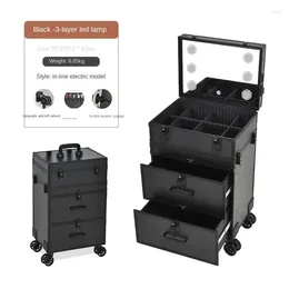 Suitcases Professional Makeup Case Suitcase Lights Trolley Luggage Three Layers Artist Rolling Cosmetic Bag Storage Toolbox