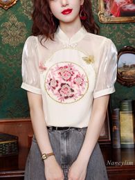 Women's Blouses Short-Sleeved Chiffon Blouse Summer Clothing 2024 Elegant Top High-End Sequins Embroidery Puff Sleeve Shirt Blusas