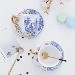 Cups Saucers Blue And White Rose Ceramic Coffee Cup Retro Espresso Tea Saucer Exquisite Gifts Box Gift For Girlfriend