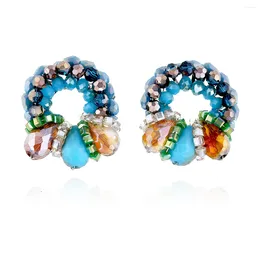 Stud Earrings HAHATOTO Round Flower Shape Blue Colour Crystal Beaded Boho Fashion Statement For Girls Trendy Jewellery