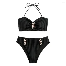 Women's Swimwear Removable Padded Bikini Set Rhinestone Chain Decor For Women Halter Bra High Waist Quick Drying Beachwear