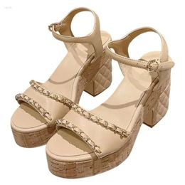 Elegant Women Platform Summer Sandals Chunky Sandal Designer Chain Shoe High Block Thick Heel Open Round Toe Genuine Leather Ankle 9ba