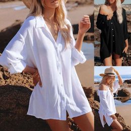 Chiffon Shirt Cardigan Cover-ups Long Sleeve Loose Swimsuit Beach Outfits For Women 2024 Clothing Swimwears Cover Up White Black