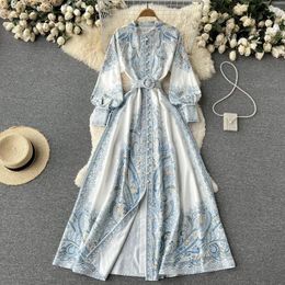 Casual Dresses Long For Women 2024 Boho Vintage Paisley Print Maxi Dress With Belt Stand Collar Sleeve Button Up Shirt
