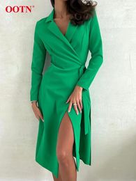 Casual Dresses Office Lady Notched Neck A Line Dress Sexy Green Wrap Long Women Elegant Black Slim Sleeve Female Pink