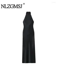 Casual Dresses Nlzgmsj Women Black Halter Long Dress Sexy Backless Tie Satin Woman Bodycon 2024 Ladies Party Vestidos