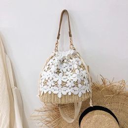 Shoulder Bags 2024 Elegant Women Flower Lace Straw Handmade Rattan Bucket Female Handbags Ladies Summer Beach Crossbody
