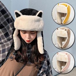 Berets 2024 Cute Plush Ears Bomber Hat Winter Thicken Warm Earflap Caps For Women Girls Fashion Solid Colour Faux Fur Fluffy Hats