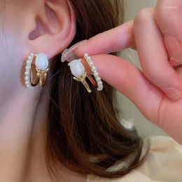 Stud Earrings 2024 Arrival Fashion Metal Women Tulip Flower C-shaped Double-layer Ins Korean Elegant Pearl Jewellery