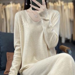 Casual Dresses Heavy Industry Embroidery Dress Women's V-Neck Pullover Long Merino Wool Loose Fit Autumn/Winter Korean