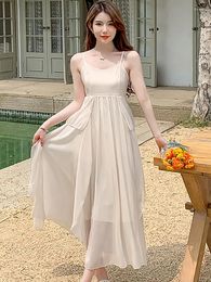 Casual Dresses White Chiffon Ruffled Sling Beach Long Dress For Women 2024 Korean Fashion Summer Elegant Bodycon Luxury Prom