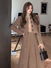 Work Dresses 2024 AUTUMN Winter Women Elegant Solid Pleated Long Skirts Short Jackets 2 Piece Set Female Single Breasted Coats Korean Suit