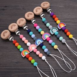 Beech Wooden Baby Pacifier Clip Handmade Cartoon Rainbow Silicone Teething Beads Infant Nipple Chain Nursing Toy Chew Gift L2405