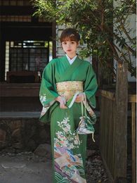 Ethnic Clothing Japan Style Women's Traditional Kimono Green Color Floral Prints Formal Dress Vintage Pography Wear Cosplay Costume