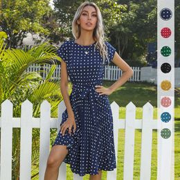 Summer hot selling Women dresses Mid-length skirt short sleeve Yellow blue green pink red black lace up polka dot pleated dress 60c 90a