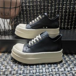 Casual Shoes Men Low-TOP Double Platform Heels Sneakers Lace Up Women Leather Boots Height Increasing 7CM Thick Sole Black