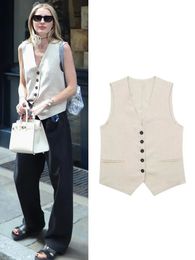 TRAF Linen Vests for Women Sleeveless Suit Vest Coat Woman Autumn Korean Fashion Female Black White Top 240513