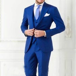 New Arrivals Two Buttons Royal Blue Groom Tuxedos Peak Lapel Groomsmen Best Man Suits Mens Wedding Suits Jacket Pants Vest 2786