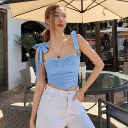 Women's Tanks 2024 Women Sexy Crop Tops Bow Tank Top Sleeveless Camis Seamless Tee Bra T-Shirt Corset Sling Blue Y2k Clothes