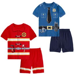 Kids Pamas Boys Policeman Sleepwear Baby Toddler Fireman Pyjamas Halloween Short Sleeve Pijamas Casual Clothing Sets L2405