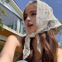 Hair Accessories Women Neckwear Elegant Lace Patterned Summer Scarf For Style Hairband With Retro Ribbon Solid Colour Sunscreen Triangle