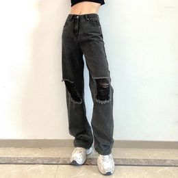 Women's Jeans Black Vintage Ripped Hole Women Baggy Cut Out High Waist Denim Pants Summer Korean Y2k Streetwear Fashion Straight