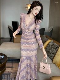 Casual Dresses Spring Autumn Street Clothes Ladies Commute Lace Mermaid Dress Women Mujer Elegant Sweet V-Neck Wrap Hip Long Robe Femme