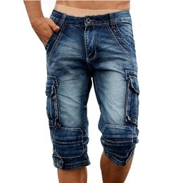 Idopy Casual Mens Cargo Denim Shorts Retro Vintage Washed Slim Fit Jean Mulit-Pockets Military Biker Trousers For Male 240518