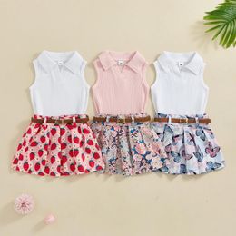 Clothing Sets Summer Kids Girl Outfit Ribbed Tops Fruit Print Pleated Mini Skirt Belt Casual Clothes Set