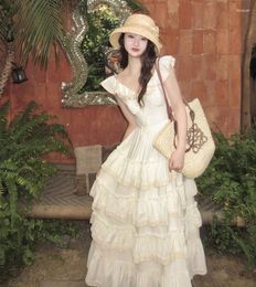 Casual Dresses Summer Beige Cake Long Dress Women Elegant French Retro V-Neck Sleeveless High Waist Ruffle Holiday Fairy Party