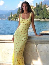 Casual Dresses Woman Floral Print Yellow Sleeveless Dress Streetwear 2024 Summer Girls High Waist Backless Beach Holiday Long
