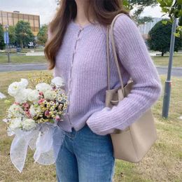 Women's Knits Limiguyue Spring Autumn Solid Purple Mohair Sweater Coat Cashmere Long Sleeve Knit Cardigan Women Soft Wool Jacket Knitwear