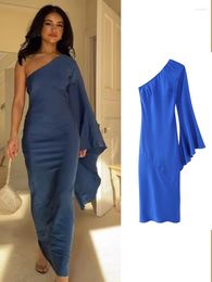Casual Dresses 2024 Blue Asymmetric Dress Woman Off Shoulder Midi For Women Long Sleeve Party Female Backless Prom