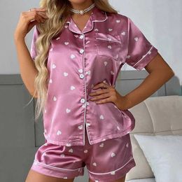 Women's Sleepwear Women Slpwear Satin Silk Pajamas Sets Short Slve Tops With Shorts Two Piece Set Pijamas for Ladies V Neck Home Wear Pyjamas T240523